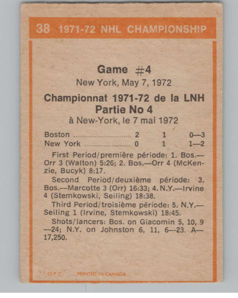 1972-73 O-Pee-Chee #38 Playoff Game 4  Boston Bruins/Rangers  V104440 Image 2
