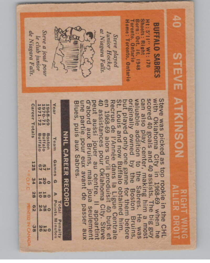 1972-73 O-Pee-Chee #40 Steve Atkinson  Buffalo Sabres  V104442 Image 2