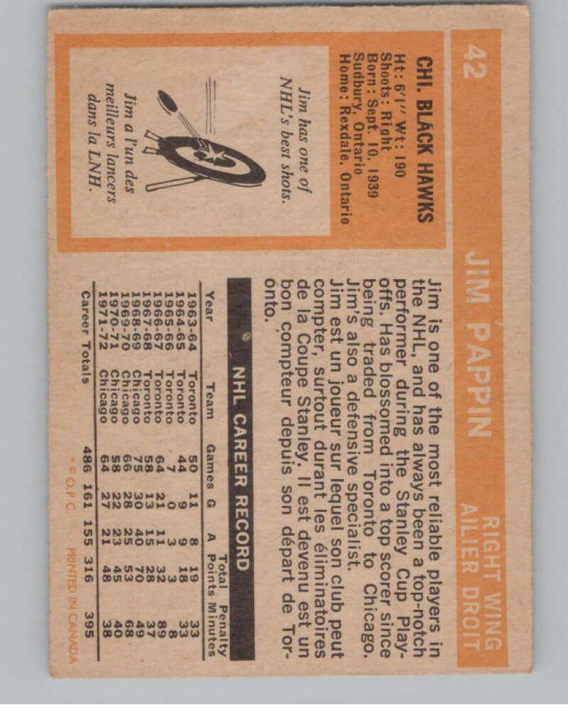 1972-73 O-Pee-Chee #42 Jim Pappin  Chicago Blackhawks  V104444 Image 2