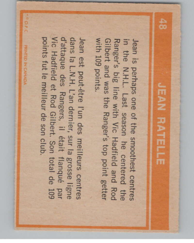 1972-73 O-Pee-Chee #48 Jean Ratelle  New York Rangers  V104449 Image 2