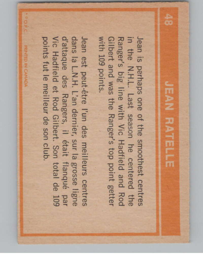 1972-73 O-Pee-Chee #48 Jean Ratelle  New York Rangers  V104450 Image 2