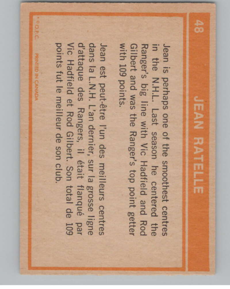 1972-73 O-Pee-Chee #48 Jean Ratelle  New York Rangers  V104451 Image 2