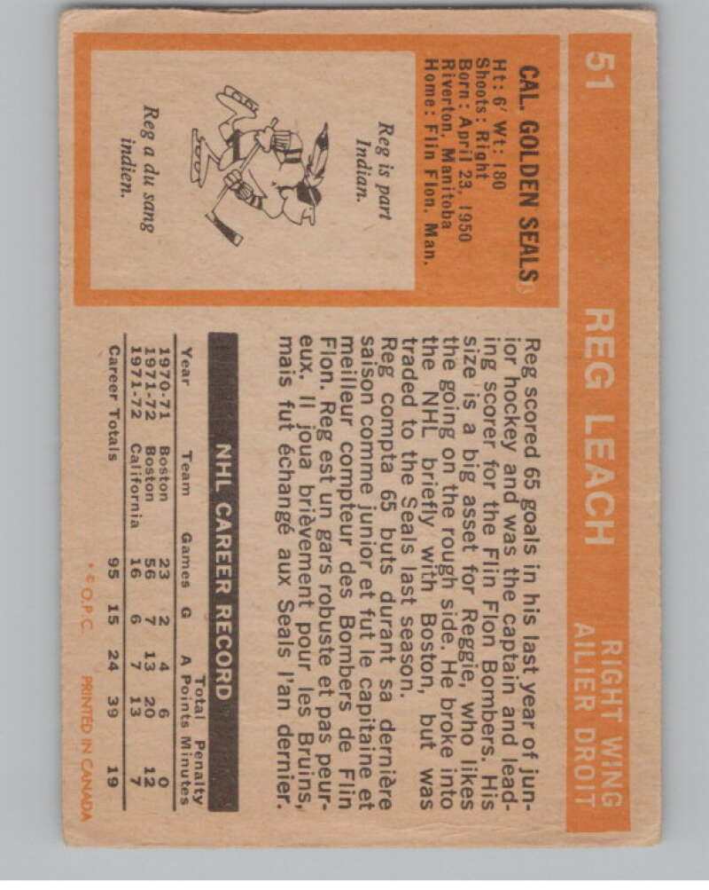 1972-73 O-Pee-Chee #51 Reggie Leach  California Golden Seals  V104453 Image 2