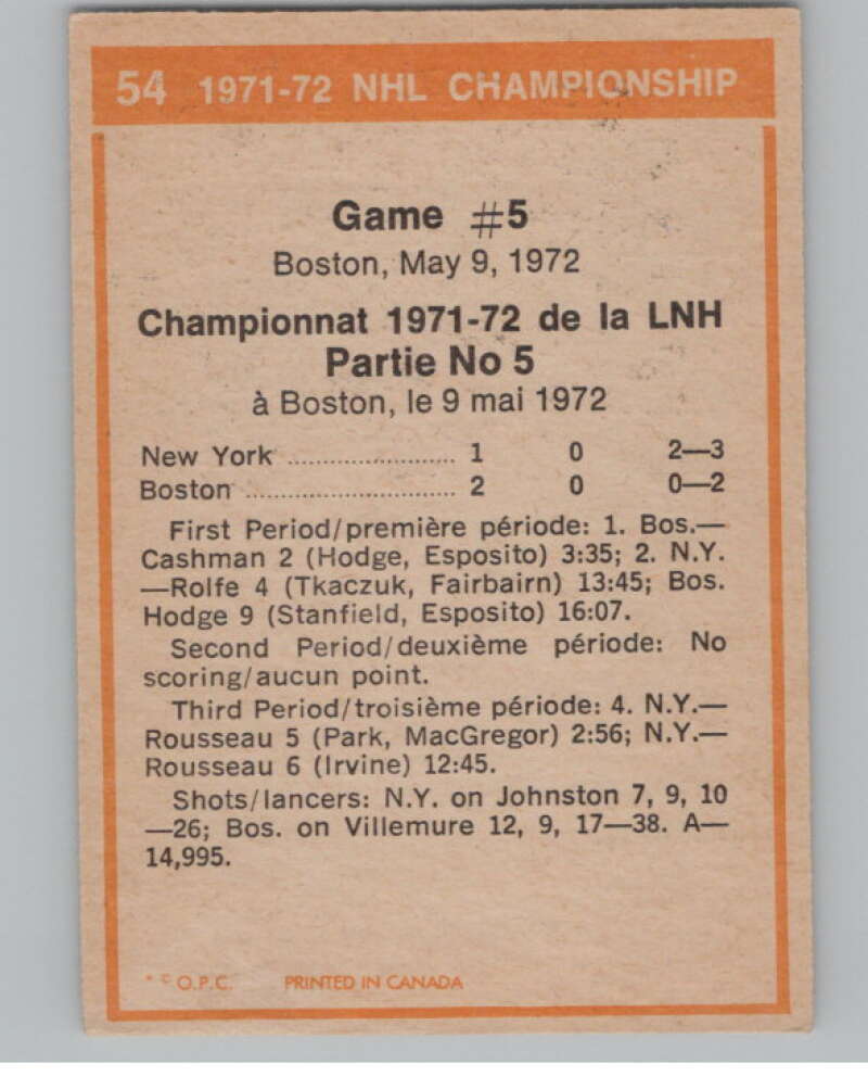 1972-73 O-Pee-Chee #54 Playoff Game 5  New York Rangers/Bruins  V104456 Image 2