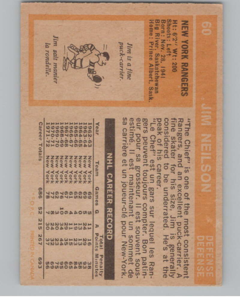 1972-73 O-Pee-Chee #60 Jim Neilson  New York Rangers  V104458 Image 2