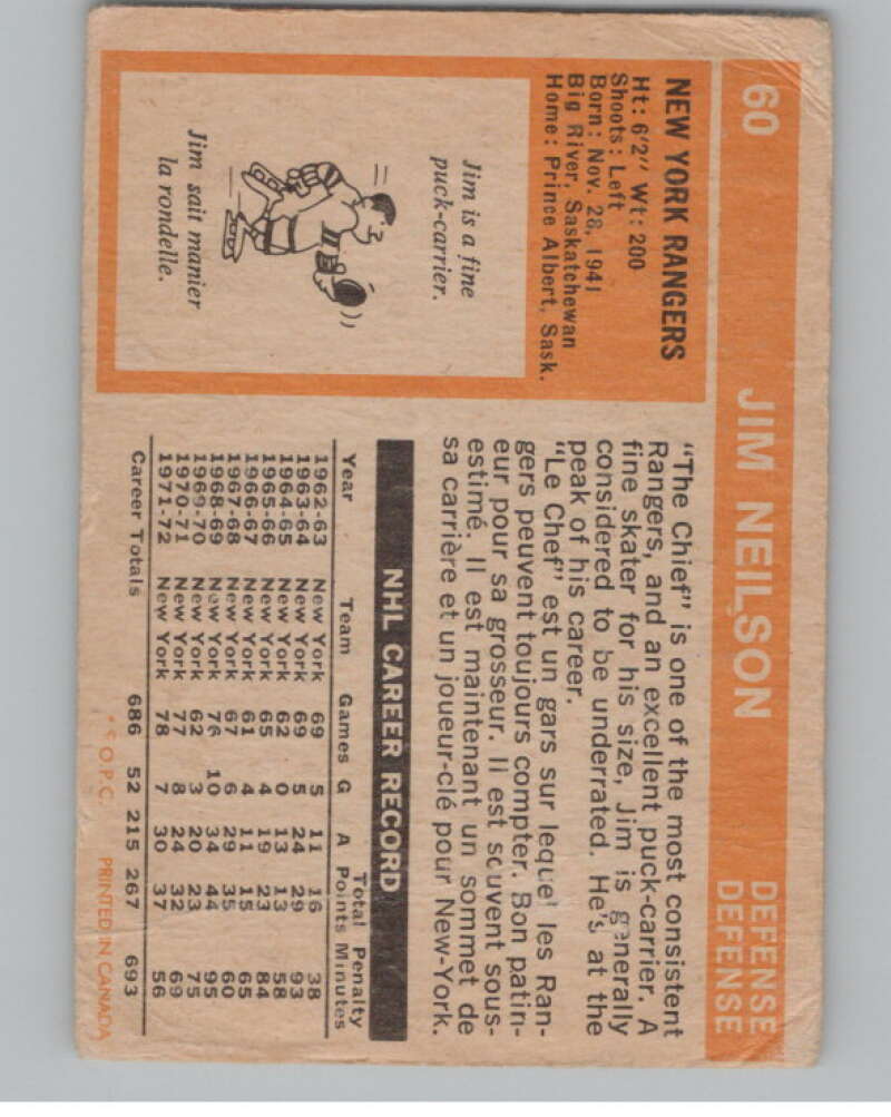 1972-73 O-Pee-Chee #60 Jim Neilson  New York Rangers  V104459 Image 2