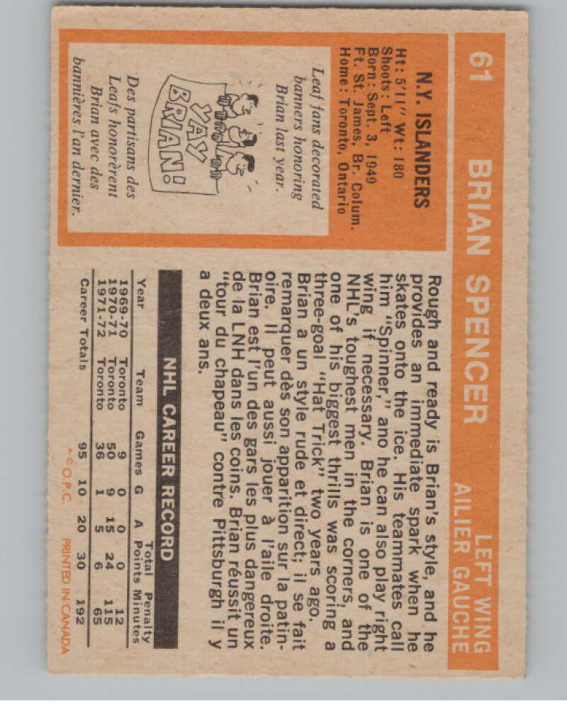 1972-73 O-Pee-Chee #61 Brian Spencer  New York Islanders  V104460 Image 2