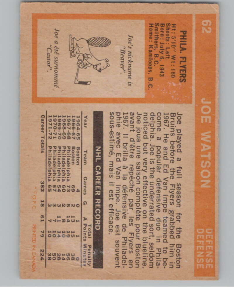 1972-73 O-Pee-Chee #62 Joe Watson  Philadelphia Flyers  V104461 Image 2