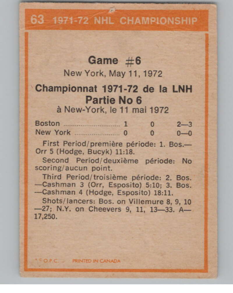 1972-73 O-Pee-Chee #63 Playoff Games 6  Boston Bruins/Rangers  V104462 Image 2