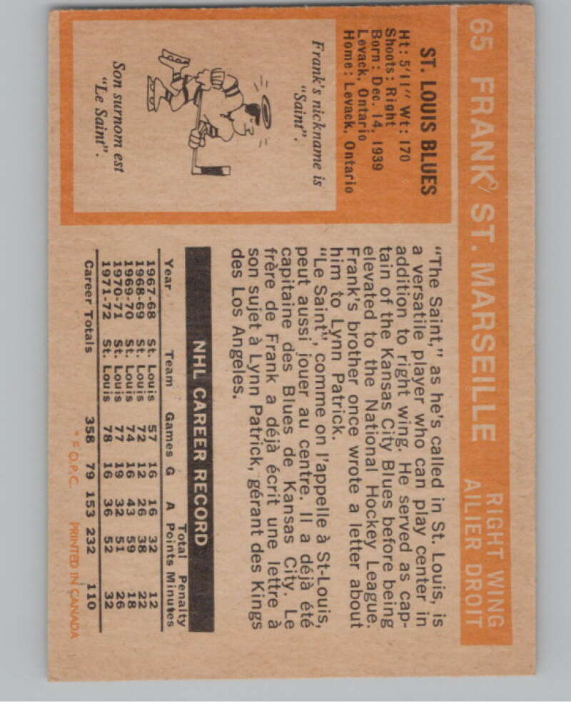 1972-73 O-Pee-Chee #65 Frank St. Marseille  St. Louis Blues  V104463 Image 2