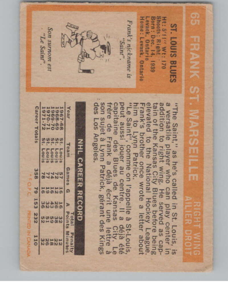 1972-73 O-Pee-Chee #65 Frank St. Marseille  St. Louis Blues  V104464 Image 2