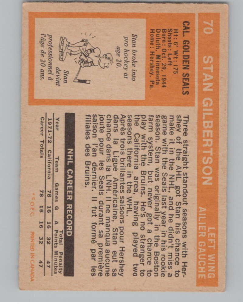 1972-73 O-Pee-Chee #70 Stan Gilbertson  California Golden Seals  V104466 Image 2