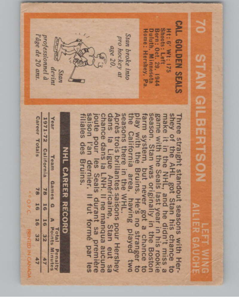 1972-73 O-Pee-Chee #70 Stan Gilbertson  California Golden Seals  V104467 Image 2
