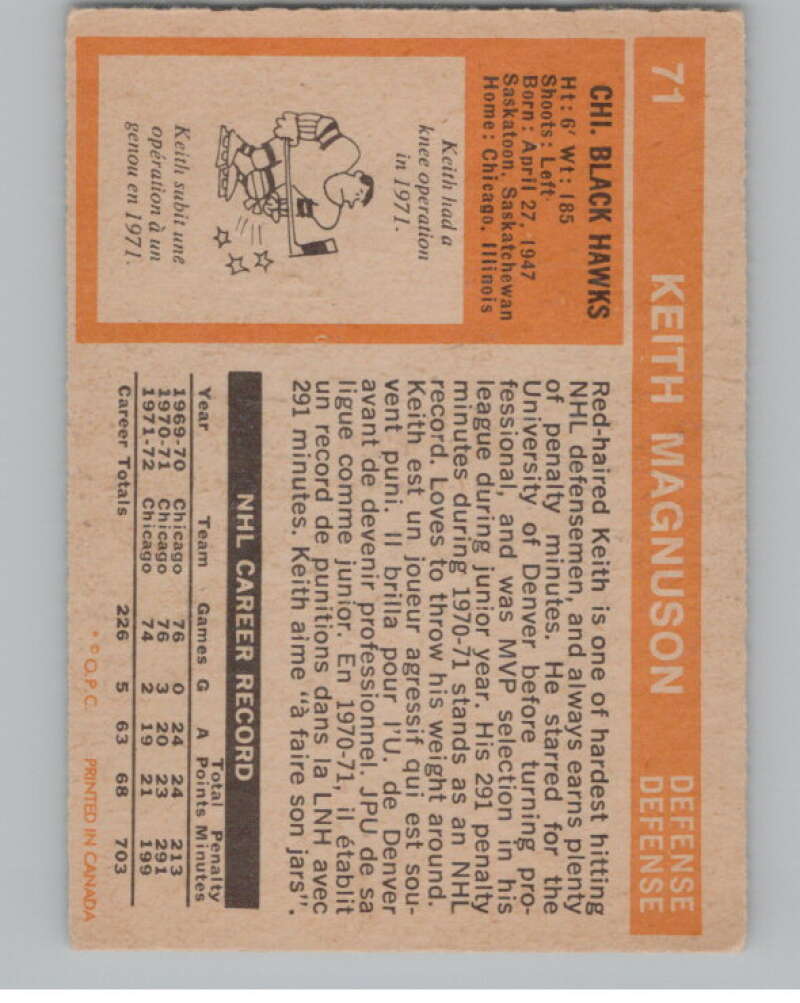 1972-73 O-Pee-Chee #71 Keith Magnuson  Chicago Blackhawks  V104468 Image 2