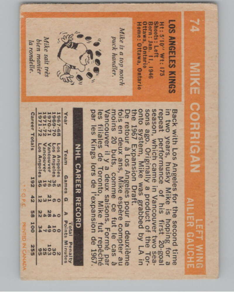 1972-73 O-Pee-Chee #74 Mike Corrigan  Los Angeles Kings  V104470 Image 2