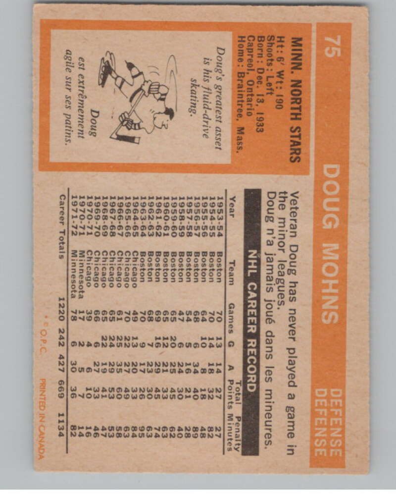 1972-73 O-Pee-Chee #75 Doug Mohns  Minnesota North Stars  V104471 Image 2