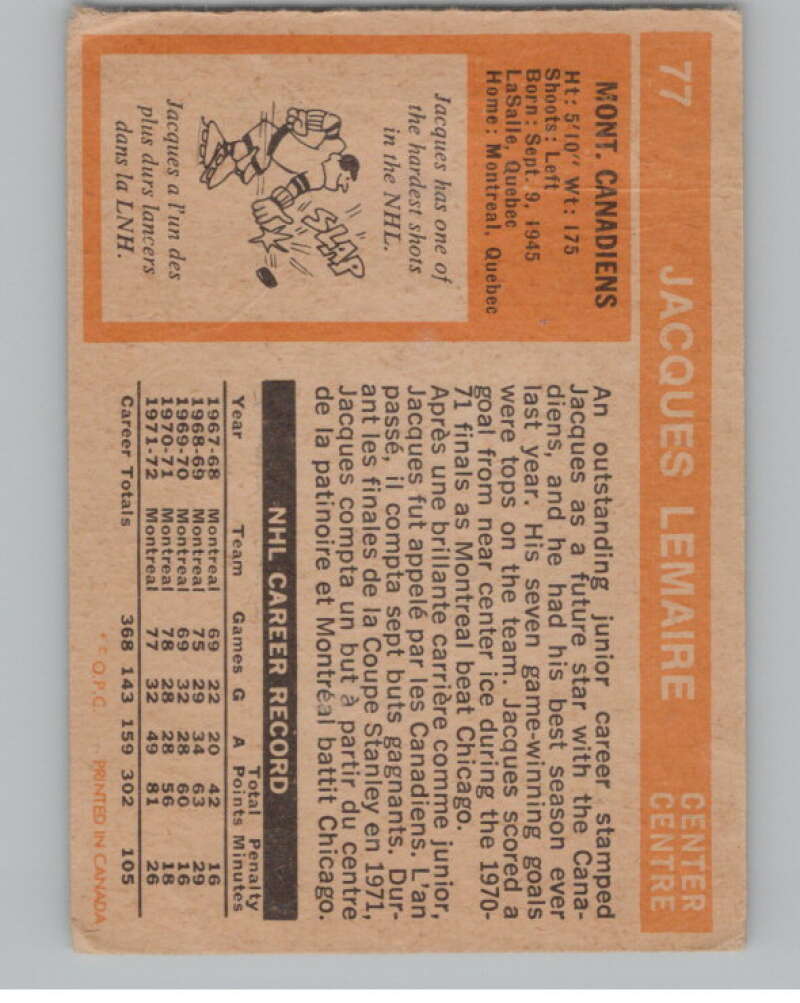 1972-73 O-Pee-Chee #77 Jacques Lemaire  Montreal Canadiens  V104473 Image 2