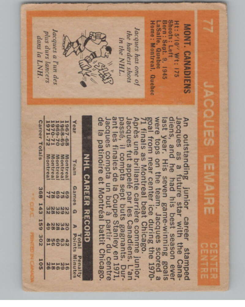 1972-73 O-Pee-Chee #77 Jacques Lemaire  Montreal Canadiens  V104474 Image 2