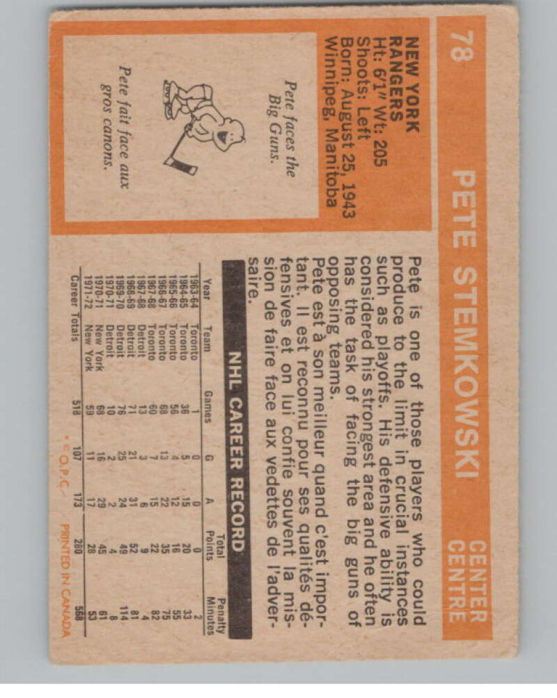 1972-73 O-Pee-Chee #78 Pete Stemkowski  New York Rangers  V104475 Image 2