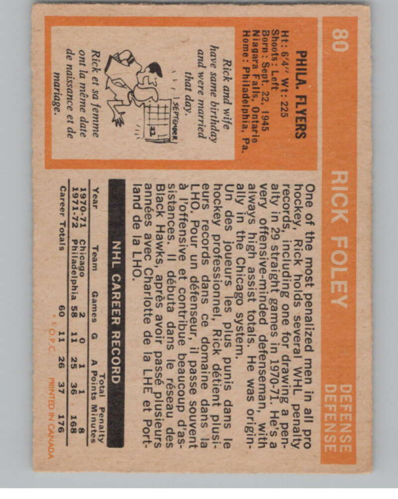 1972-73 O-Pee-Chee #80 Rick Foley RC Rookie Philadelphia Flyers  V104477 Image 2