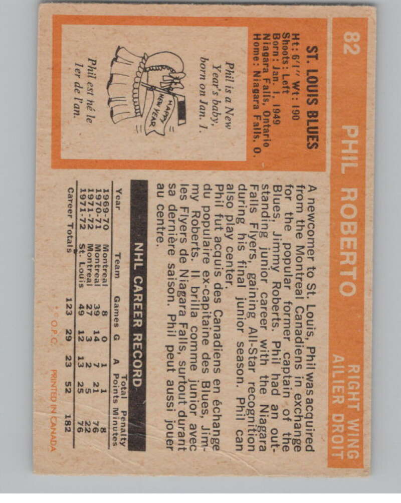 1972-73 O-Pee-Chee #82 Phil Roberto  St. Louis Blues  V104478 Image 2