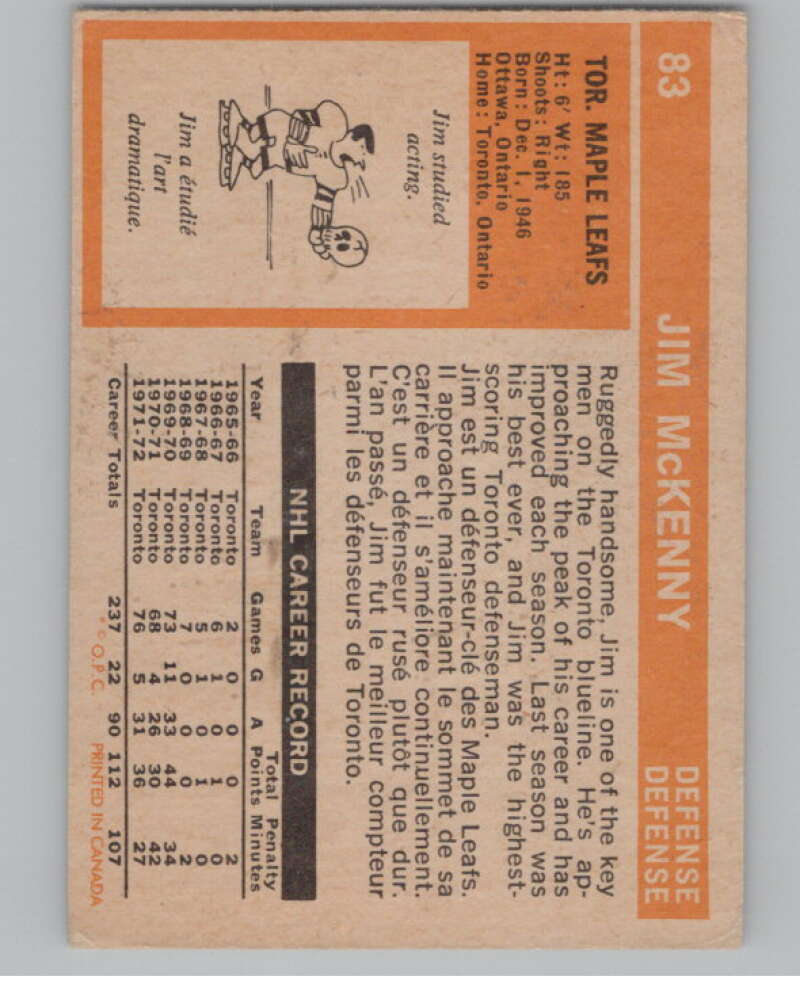 1972-73 O-Pee-Chee #83 Jim McKenny  Toronto Maple Leafs  V104479 Image 2