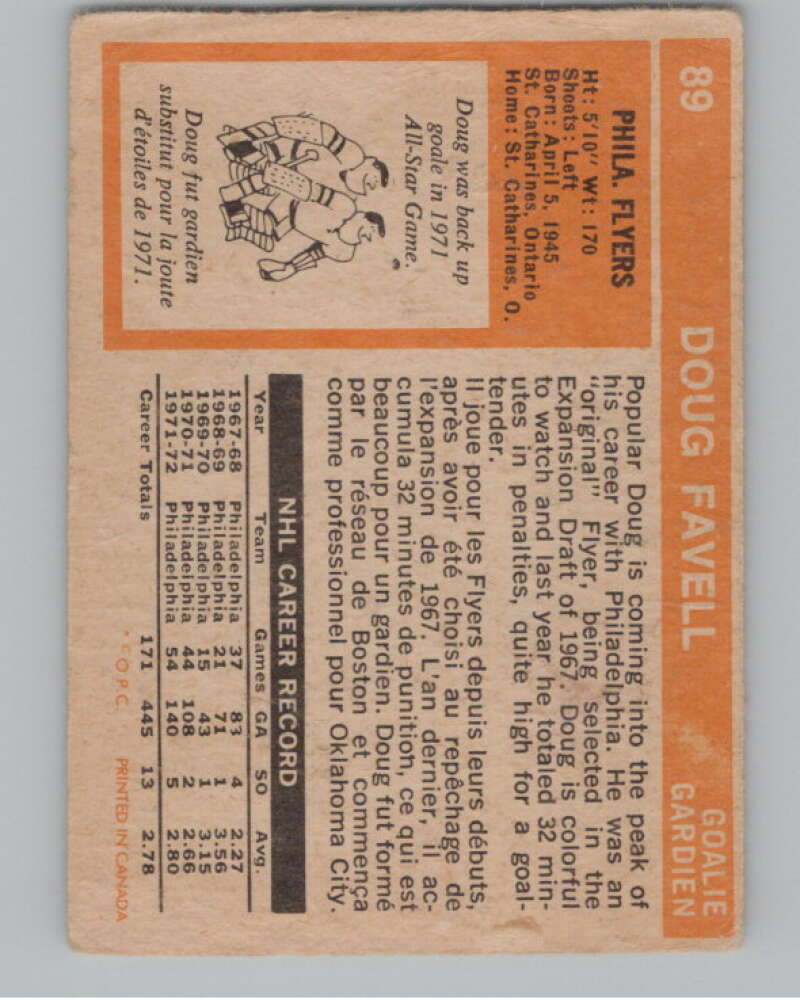 1972-73 O-Pee-Chee #89 Doug Favell  Philadelphia Flyers  V104483 Image 2