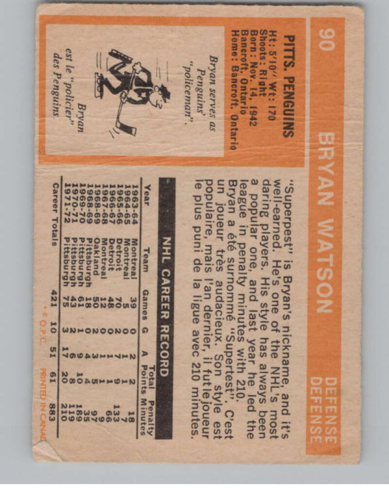 1972-73 O-Pee-Chee #90 Bryan Watson  Pittsburgh Penguins  V104484 Image 2