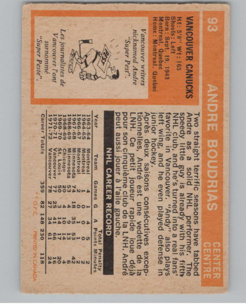 1972-73 O-Pee-Chee #93 Andre Boudrias  Vancouver Canucks  V104486 Image 2