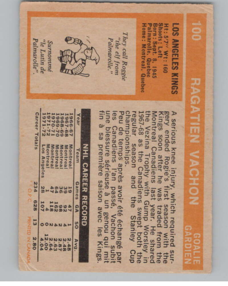 1972-73 O-Pee-Chee #100 Rogie Vachon UER  Los Angeles Kings  V104488 Image 2