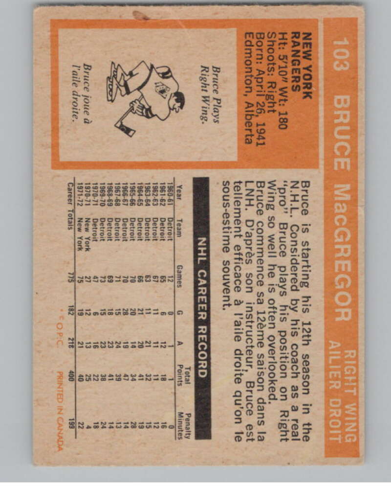 1972-73 O-Pee-Chee #103 Bruce MacGregor  New York Rangers  V104489 Image 2