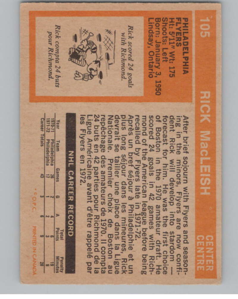 1972-73 O-Pee-Chee #105 Rick MacLeish  Philadelphia Flyers  V104492 Image 2