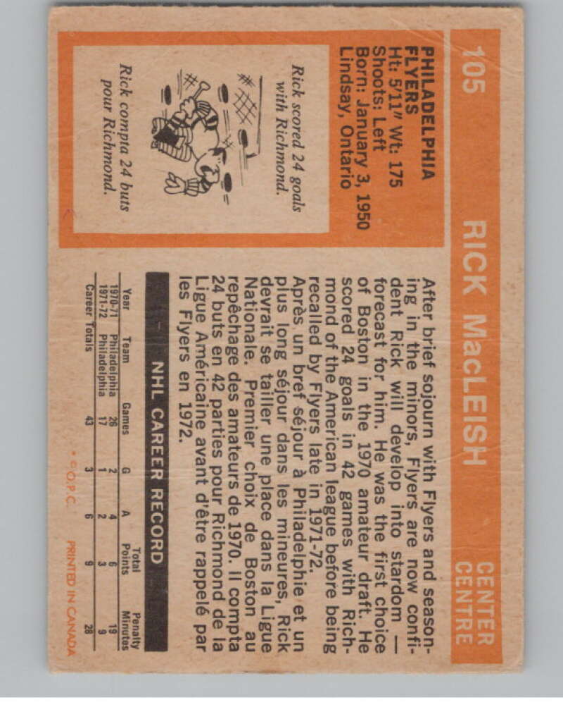 1972-73 O-Pee-Chee #105 Rick MacLeish  Philadelphia Flyers  V104493 Image 2