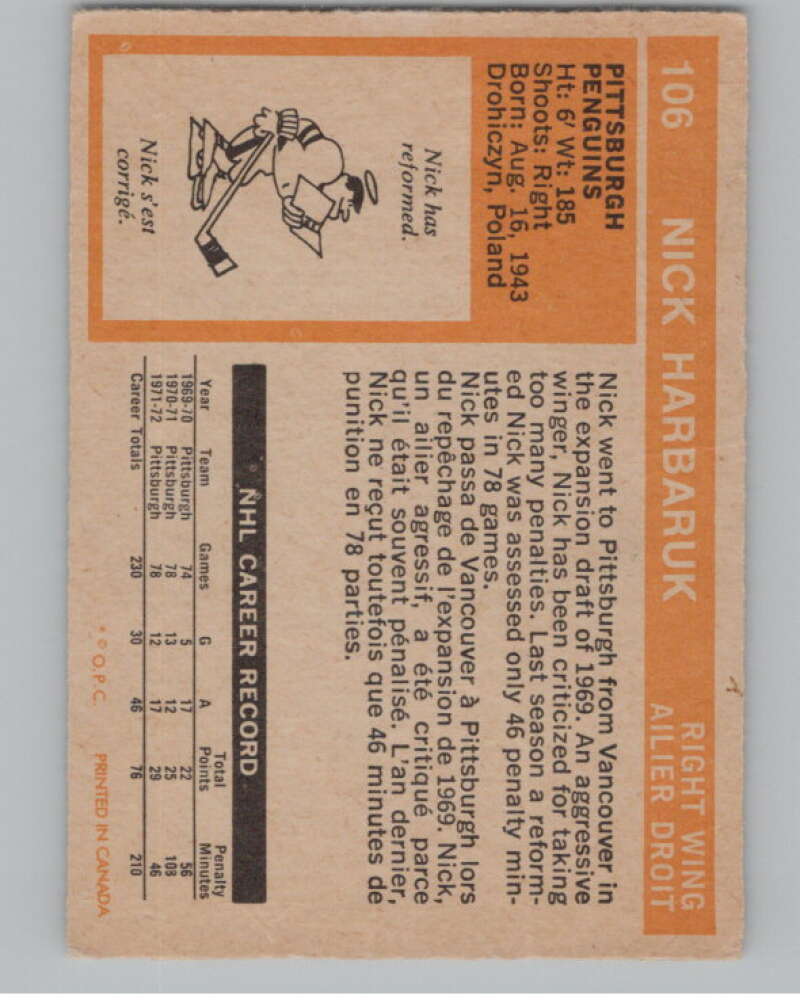 1972-73 O-Pee-Chee #106 Nick Harbaruk  Pittsburgh Penguins  V104495 Image 2