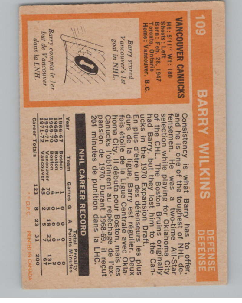 1972-73 O-Pee-Chee #109 Barry Wilkins  Vancouver Canucks  V104496 Image 2