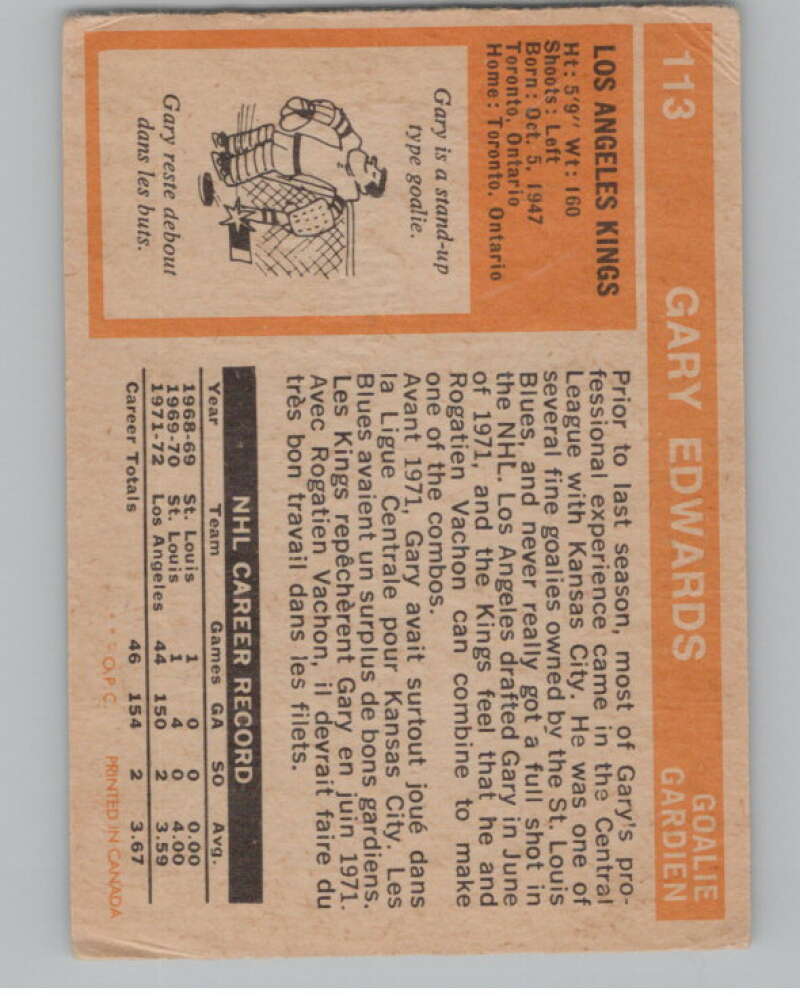 1972-73 O-Pee-Chee #113 Gary Edwards  Los Angeles Kings  V104501 Image 2
