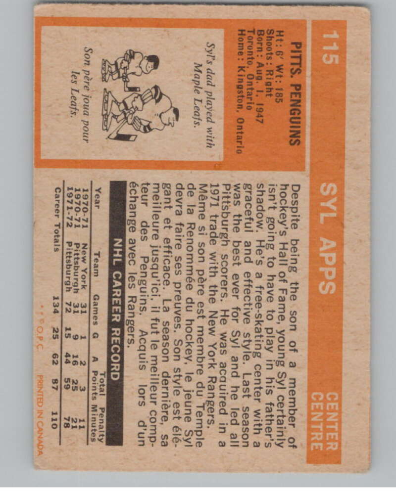 1972-73 O-Pee-Chee #115 Syl Apps Jr.  Pittsburgh Penguins  V104502 Image 2