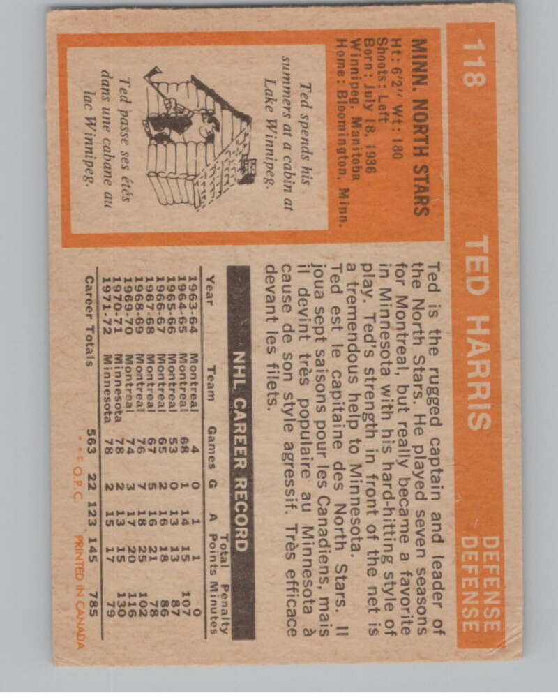 1972-73 O-Pee-Chee #118 Ted Harris  Minnesota North Stars  V104504 Image 2