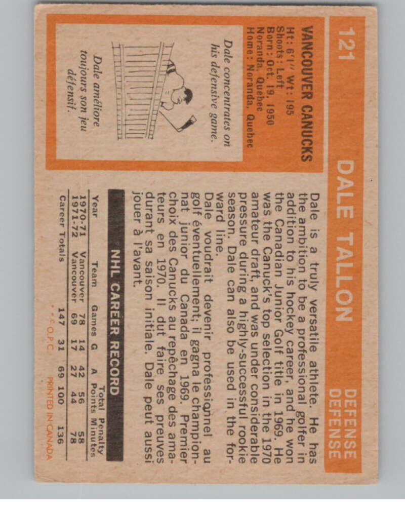 1972-73 O-Pee-Chee #121 Dale Tallon  Vancouver Canucks  V104505 Image 2