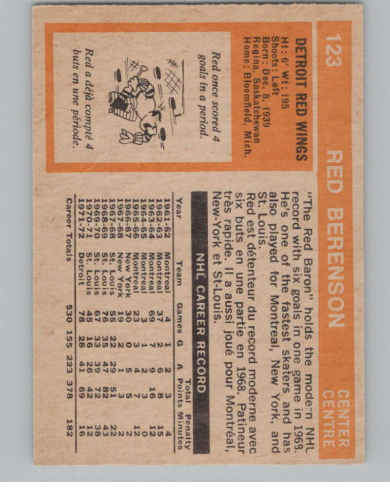 1972-73 O-Pee-Chee #123 Red Berenson  Detroit Red Wings  V104507 Image 2