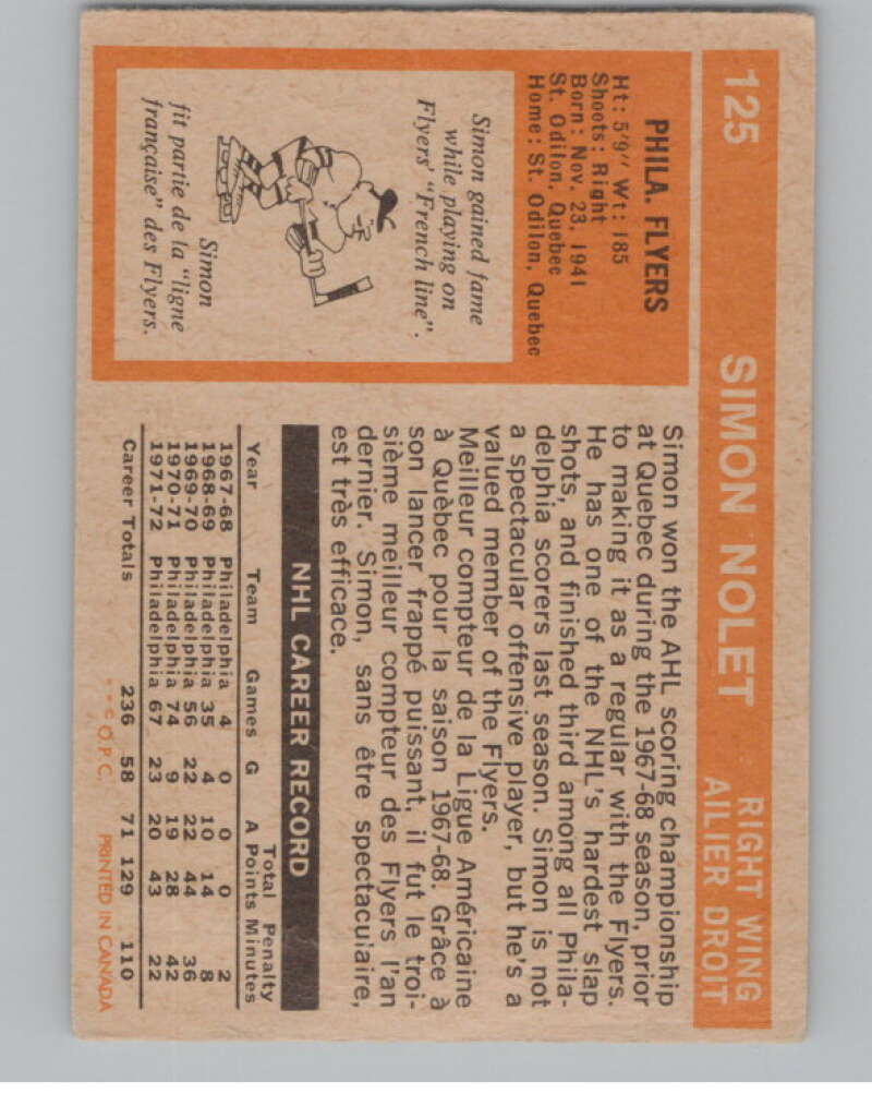 1972-73 O-Pee-Chee #125 Simon Nolet  Philadelphia Flyers  V104508 Image 2