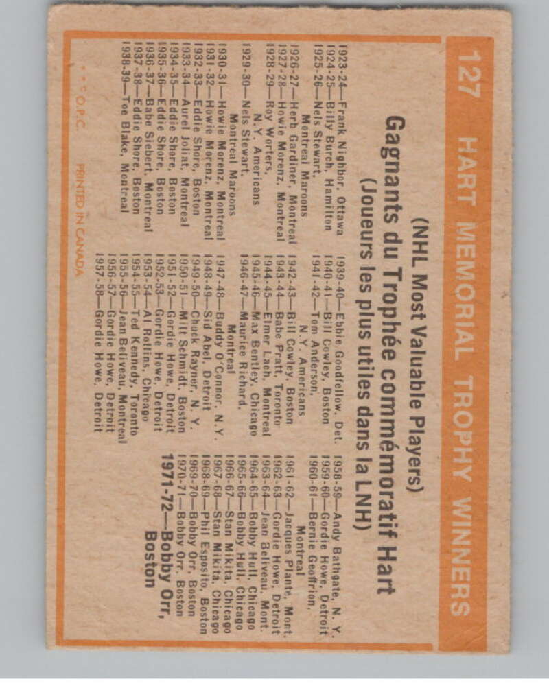 1972-73 O-Pee-Chee #127 Hart Trophy Winners   V104509 Image 2