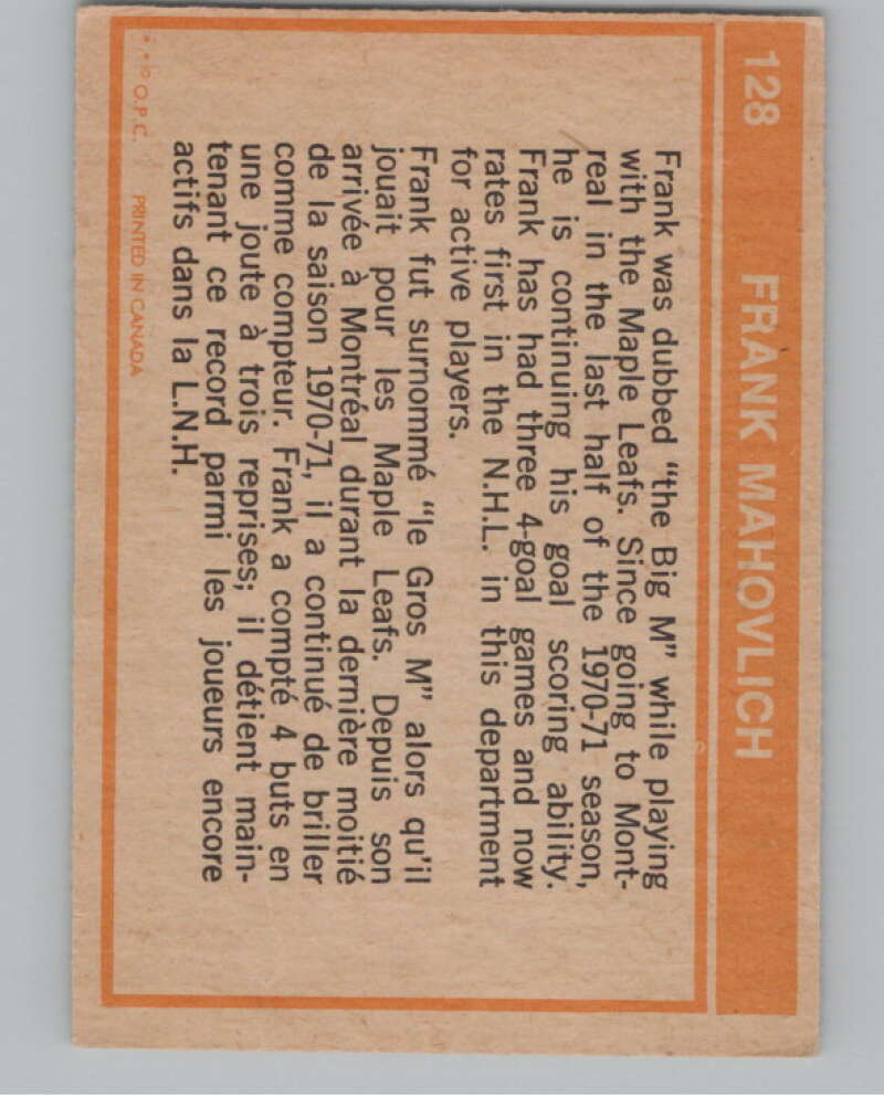1972-73 O-Pee-Chee #128 Frank Mahovlich  Montreal Canadiens  V104510 Image 2