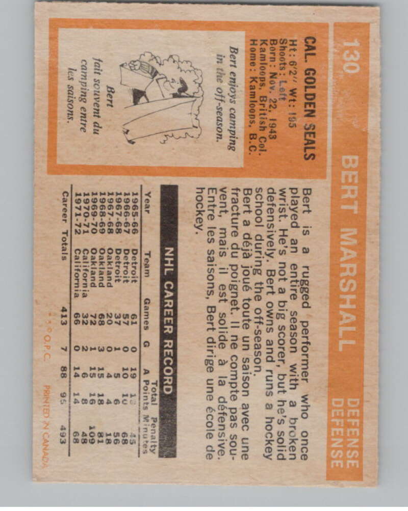 1972-73 O-Pee-Chee #130 Bert Marshall  California Golden Seals  V104511 Image 2