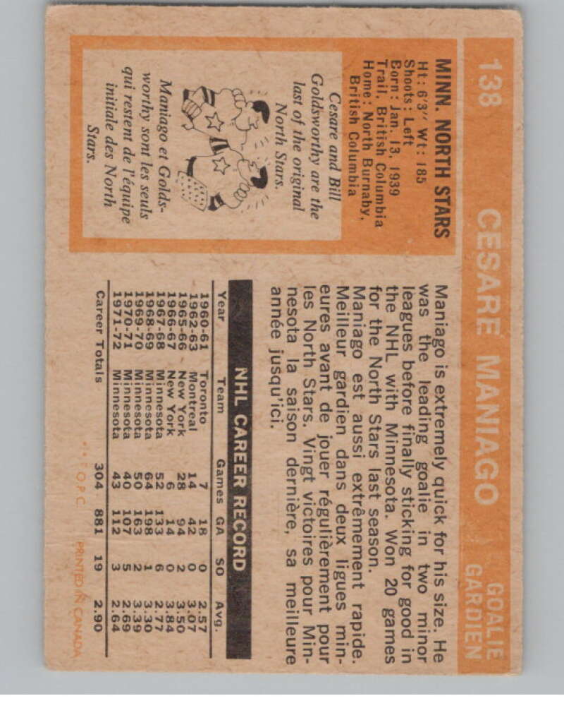 1972-73 O-Pee-Chee #138 Cesare Maniago  Minnesota North Stars  V104515 Image 2