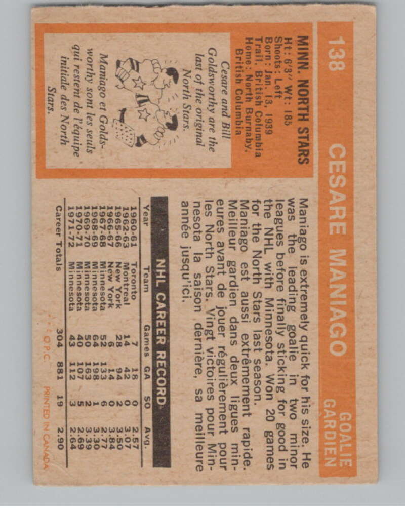 1972-73 O-Pee-Chee #138 Cesare Maniago  Minnesota North Stars  V104516 Image 2