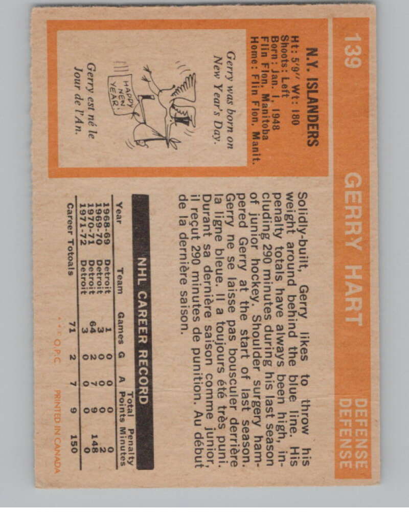 1972-73 O-Pee-Chee #139 Gerry Hart  RC Rookie New York Islanders  V104517 Image 2