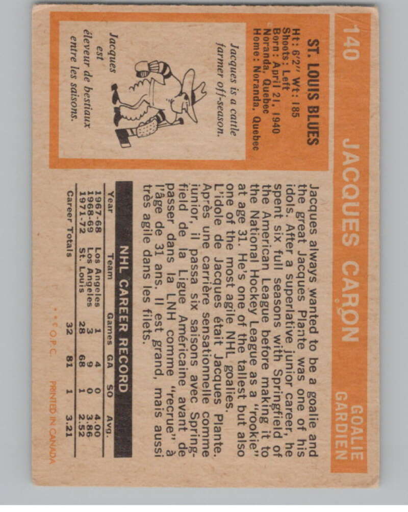 1972-73 O-Pee-Chee #140 Jacques Caron  RC Rookie St. Louis Blues  V104518 Image 2