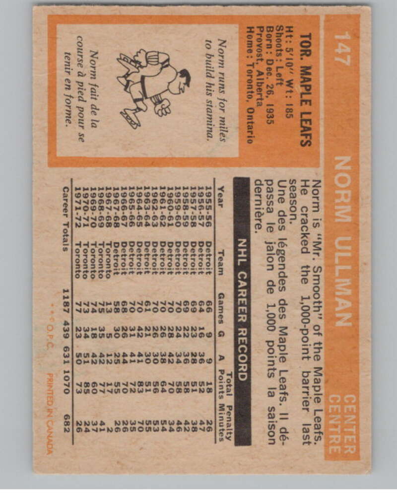 1972-73 O-Pee-Chee #147 Norm Ullman  Toronto Maple Leafs  V104522 Image 2
