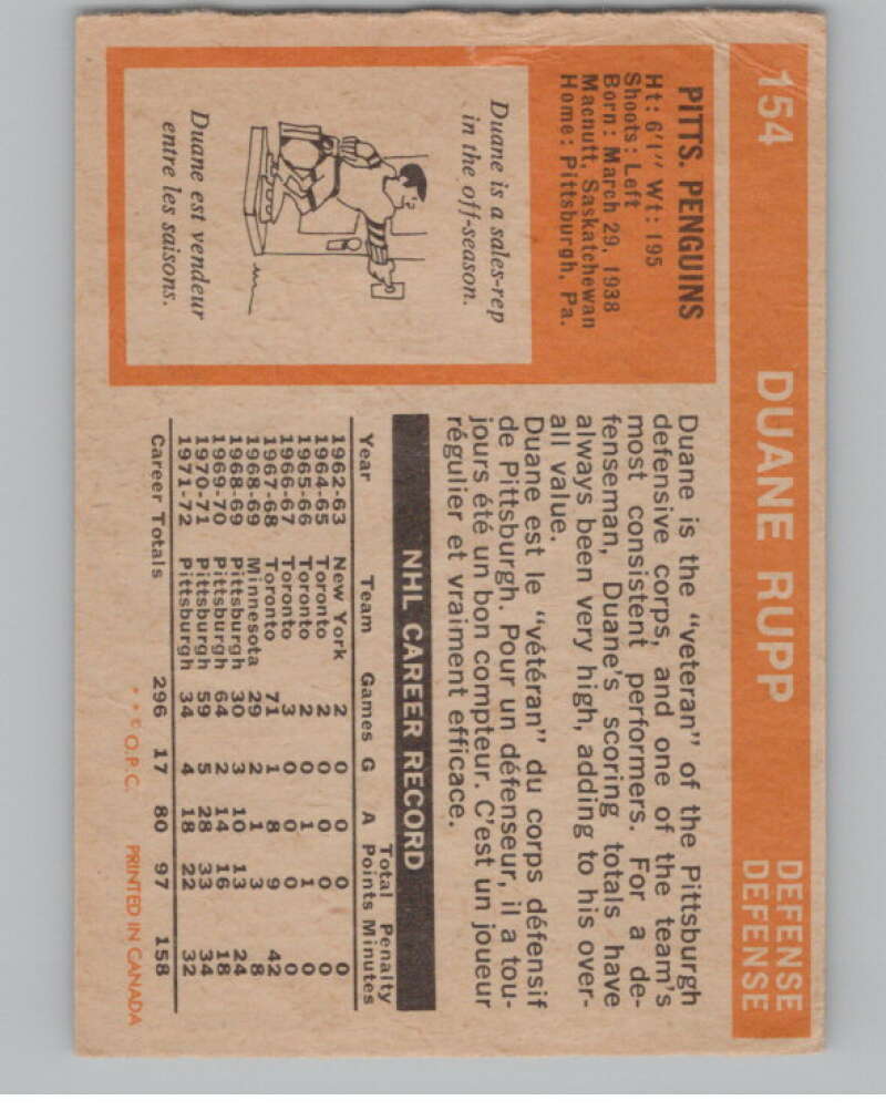 1972-73 O-Pee-Chee #154 Duane Rupp  Pittsburgh Penguins  V104526 Image 2